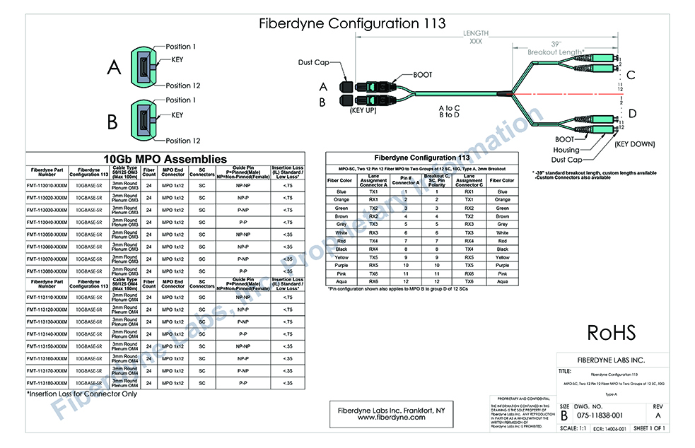 Configuration 113 MPO-SC, Two 12 Pin 12 Fiber to Two groups of 12 SC, 10G, Type A, 2mm Breakout