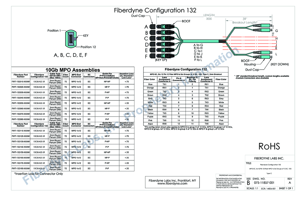 Configuration 132 MPO-SC, Six 12 Pin 12 Fiber to Six groups of 12 SC, 10G, Type C, 2mm Breakout