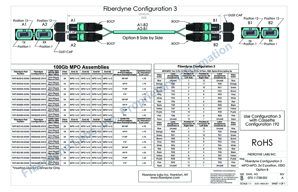 Configuration 3 MPO-MPO, Two 12 Pin 10 Fiber to Two 12 Pin 10 Fiber, 100G, Option B
