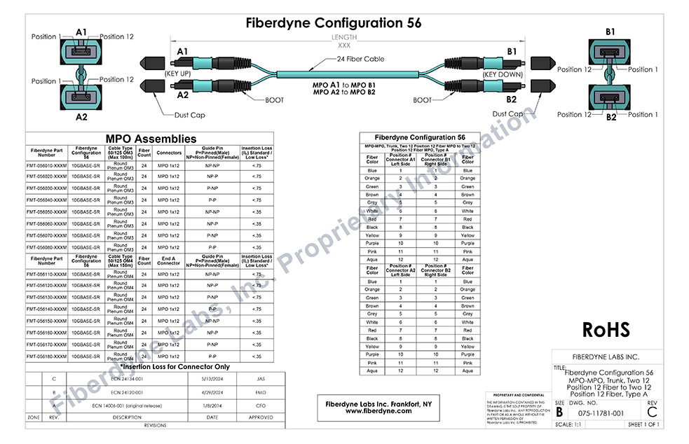 Configuration 56 MPO-MPO 24 Fiber Multimode OM3/OM4, Trunk, Two 12 Position 12 Fiber MPO to Two 12 Position 12 Fiber MPO, Type A Polarity
