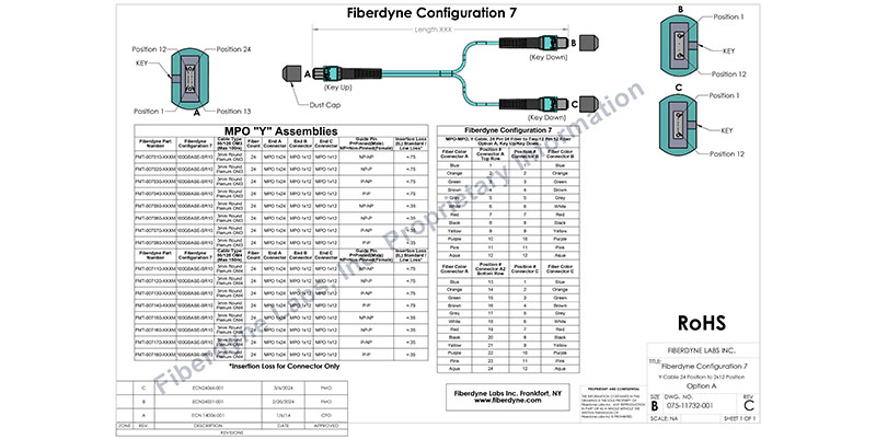 Configuration 7 MPO-MPO, Y-Cable, 24 Pin 20 Fiber to Two 12 Pin 10 Fiber, 100G, Option A