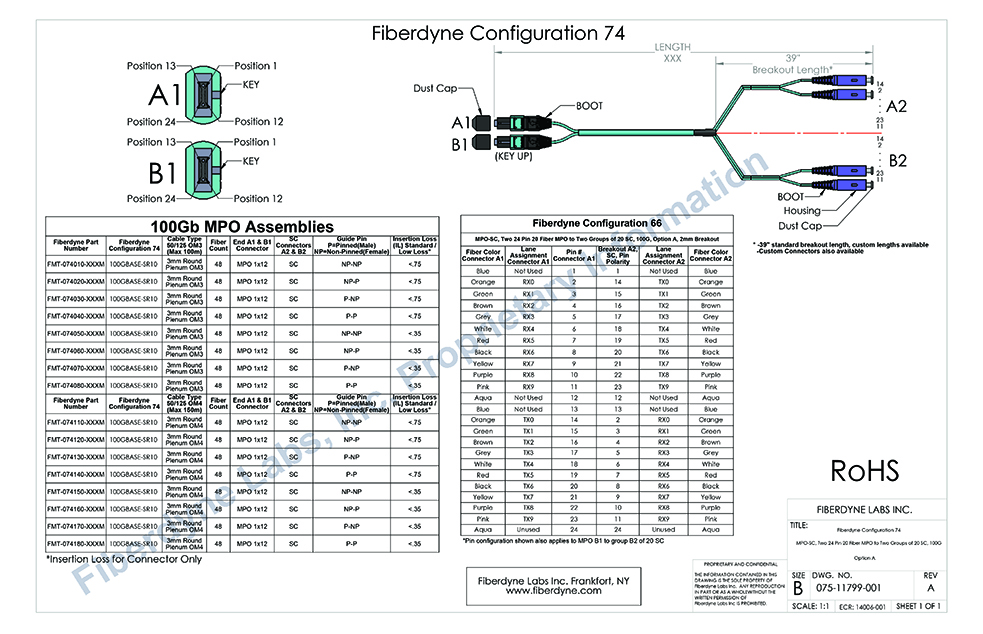 Configuration 74 MPO-SC, Two 24 Pin 20 Fiber to Two groups of 20 SC, 100G, Option A, 2mm Breakout