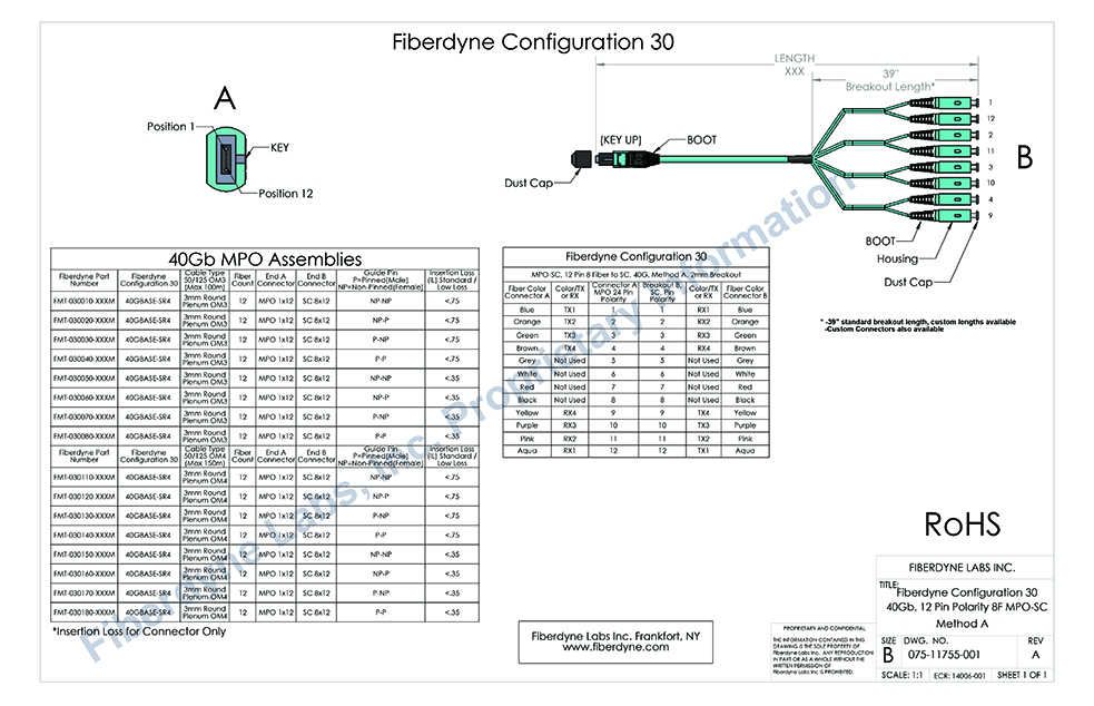 Configuration 30 MPO-SC, 12 Pin 8 Fiber to SC, 40G, Method A, 2mm Breakout