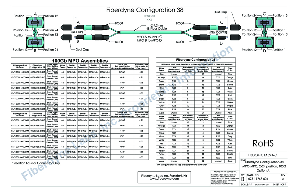 Configuration 38 MPO-MPO, 100G, Trunk, Two 24 Pin 20 Fiber MPO to Two 24 Pin 20 Fiber MPO, Option A