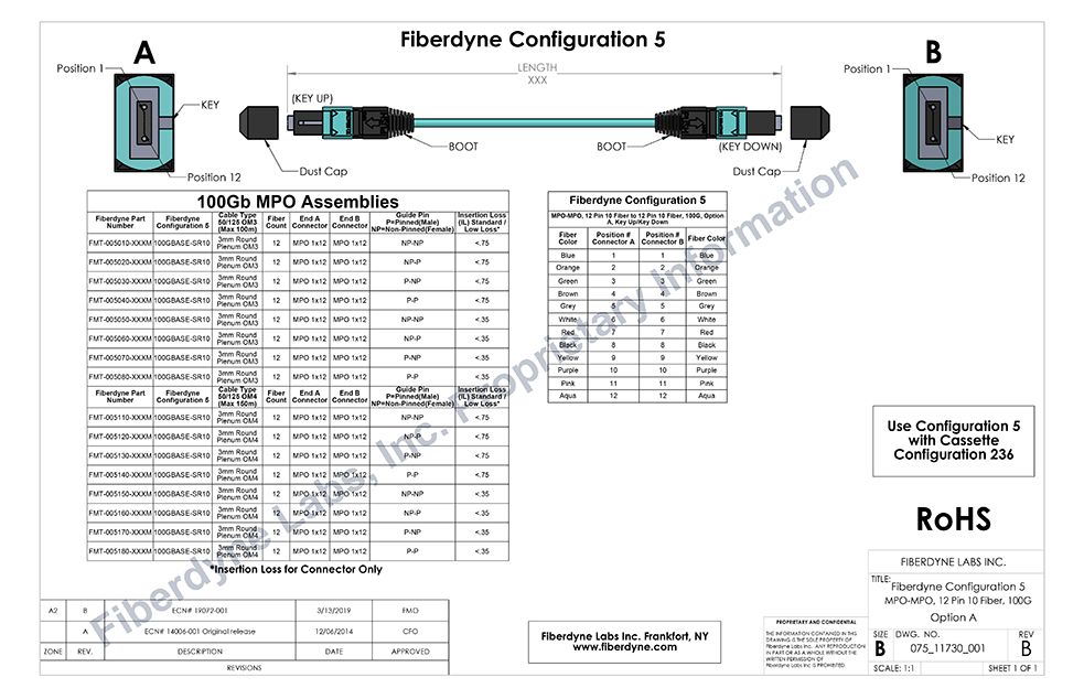 Configuration 5  MPO-MPO, 12 Pin 10 Fiber to 12 Pin 10 Fiber, 100G, Option A